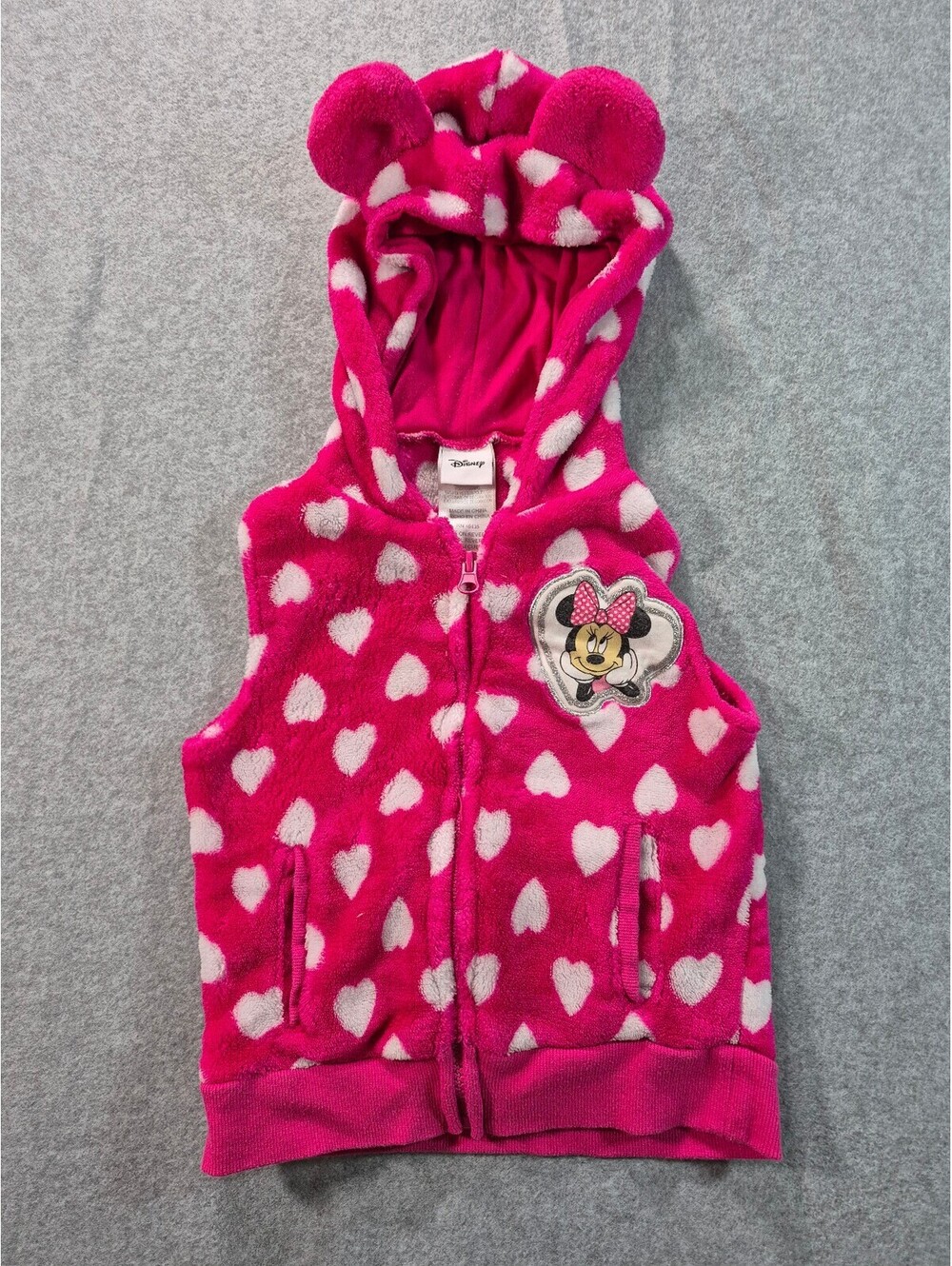 Disney Minnie Mouse Girls 5T Pink Plush Fleece Hooded Vest Hearts Ears